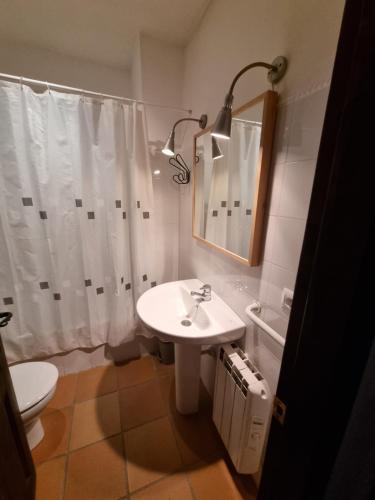 La salle de bains est pourvue d'un lavabo, de toilettes et d'un miroir. dans l'établissement CAL ROGER MONSONIS, à Montsonis
