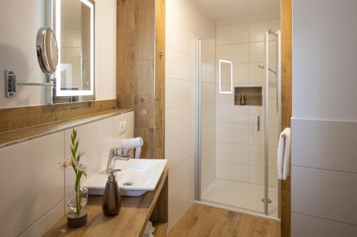 y baño con lavabo y ducha. en Bed and Breakfast - Homburg am Main, en Homburg