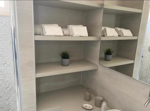 a bathroom with shelves with towels and plants at Villa Vittoria City in Rodi Garganico