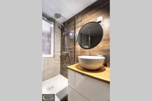a bathroom with a sink and a mirror at Mignon Studio au coeur de Metz (unenuitametz) in Metz