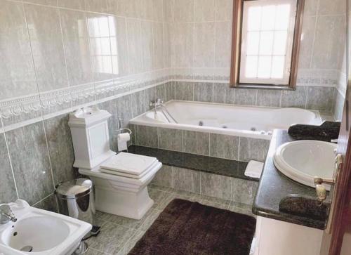 a bathroom with a toilet and a tub and a sink at Casa da presa in Ponte de Lima