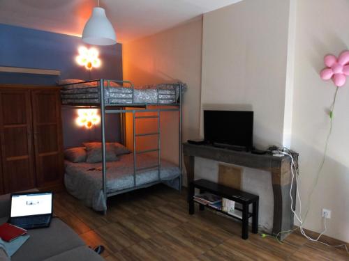 ein Wohnzimmer mit einem Etagenbett und einem TV in der Unterkunft Julio César Poligny Jura in Poligny