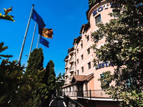 a building with two flags in front of it at Hotel Coandi in Arad