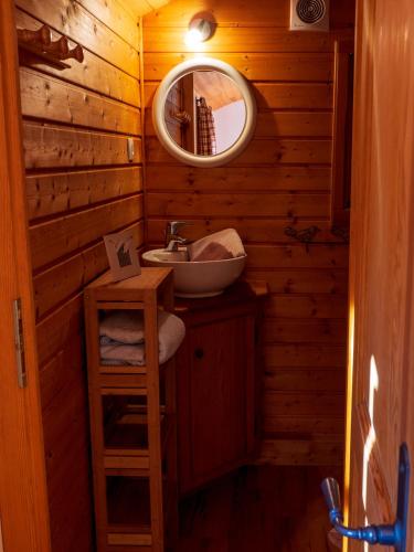 une petite salle de bain avec un lavabo et un miroir dans l'établissement Les Chambres de la Weiss, à Kaysersberg