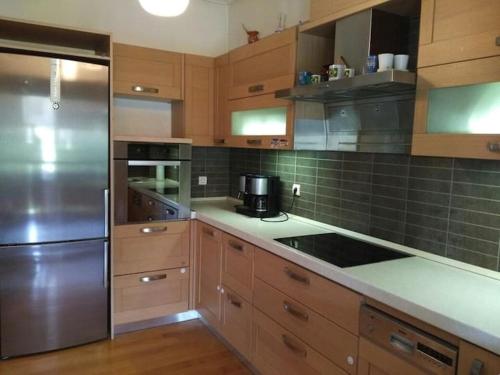 a kitchen with wooden cabinets and a stainless steel refrigerator at Larisa, Park view apartment in Larisa