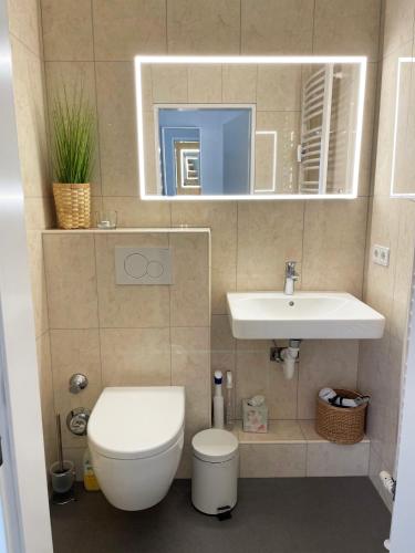 a small bathroom with a toilet and a sink at Ferienwohnung Yachthafen-Fördeblick in Glücksburg
