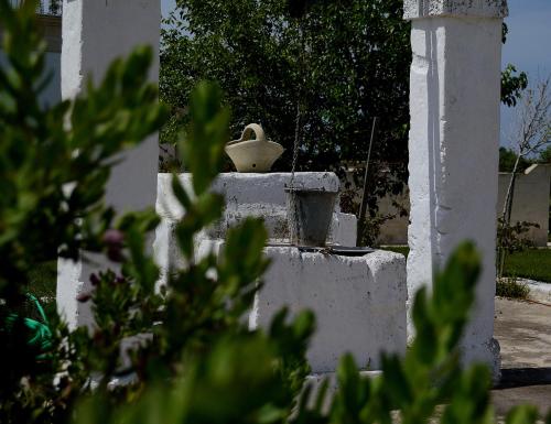 a vase sitting on top of a white wall at Casale del Murgese Country Resort in Savelletri di Fasano