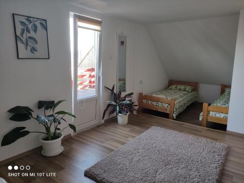 een woonkamer met een bed en een tapijt bij Rita Vendégház in Ciumani