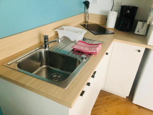 - une cuisine avec évier en acier inoxydable et comptoir dans l'établissement L'athlétique - 033, à Rouen