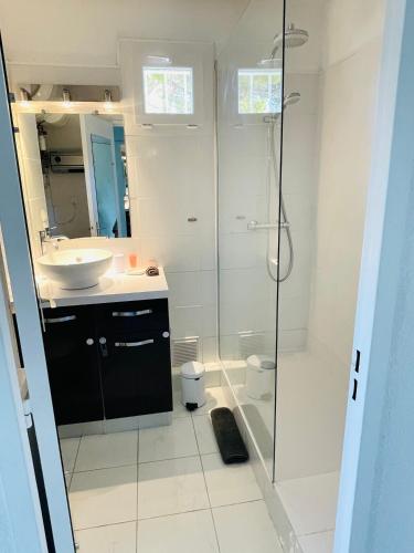 une salle de bain avec une douche en verre et un lavabo dans l'établissement Magnifique studio vue mer à 5 minutes de la plage, à Saint-Cyr-sur-Mer