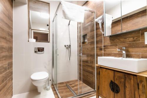 a bathroom with a shower and a toilet and a sink at Apartamenty Kapitańskie in Oława