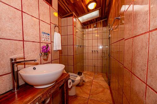 a bathroom with a sink and a shower at Cabañas La Pradera in Monteverde Costa Rica