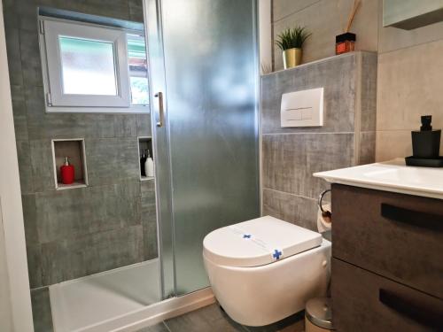 a bathroom with a shower and a toilet and a sink at Apartment Julija in Opatija