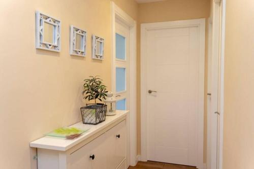 a hallway with a white door and a potted plant at La Casa de Silvia Visita Parque Warner, Madrid y alrededores in San Martín de la Vega