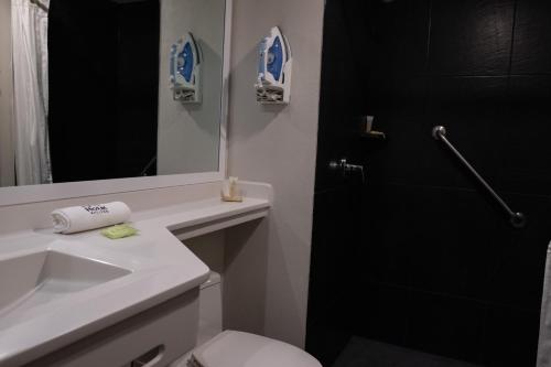 uma casa de banho com um WC, um lavatório e um espelho. em BV Hotel Atlixco em Atlixco