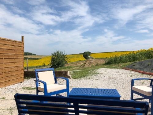 two chairs and a table with a view of a field at les gîtes d'en Julio in Puylaurens