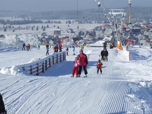 a group of people skiing down a ski slope at Apartmány u Torína in Boží Dar