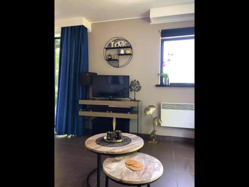 a living room with a tv and a table and a piano at Enjoy Durbuy 4 in Durbuy