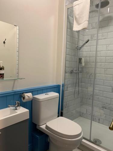 W łazience znajduje się prysznic, toaleta i umywalka. w obiekcie Black Bull Inn w mieście Haworth