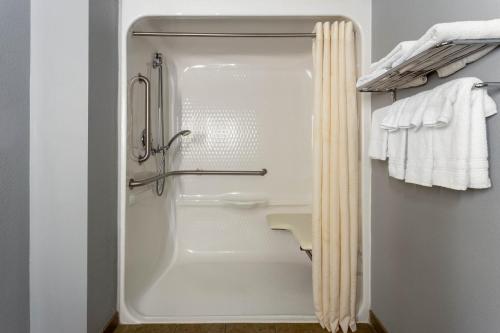 a white shower in a bathroom with a shower curtain at AmericInn by Wyndham Fulton Clinton in Fulton
