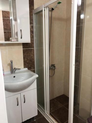 La salle de bains est pourvue d'un lavabo et d'une douche. dans l'établissement MİNA GRAND HOTEL, à Kemer