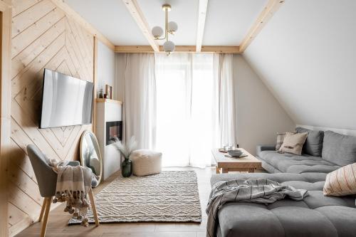 a living room with a couch and a tv at Folkova 21 - Apartamenty in Biały Dunajec