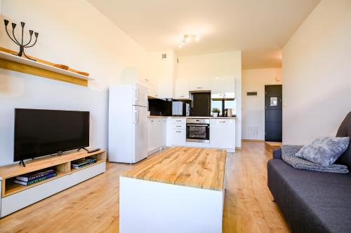 ein Wohnzimmer mit einem Flachbild-TV und einem Sofa in der Unterkunft Apartament Comfort in Suwałki