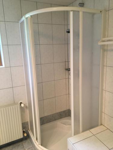 prysznic ze szklanymi drzwiami w łazience w obiekcie Haus Moser w mieście Millstatt am See