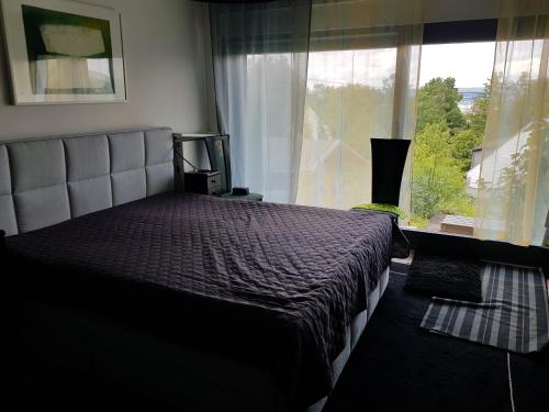 1 dormitorio con cama y ventana grande en Über den Dächern von Koblenz, dem Himmel so nah, en Coblenza