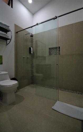 a bathroom with a glass shower with a toilet at Amazilia Hotel in Pereira