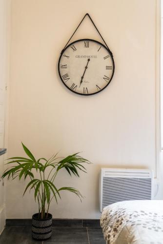 um relógio pendurado numa parede ao lado de uma planta em Studio confort proche centre ville / gare em Valence