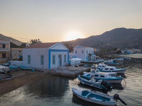a group of boats are docked in a harbor at Villa Sylvia in Symi