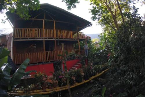 a house with a deck with plants in front of it at Mindo cozy house in Mindo