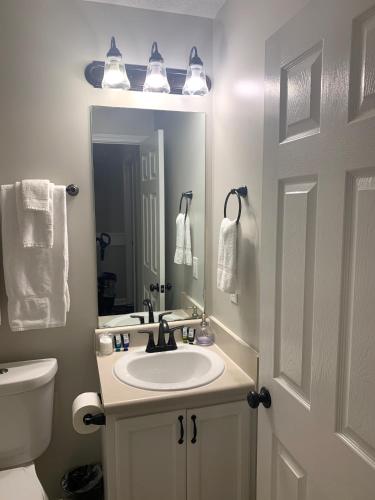 a bathroom with a sink and a toilet and a mirror at Superb For Traveling Workers Near Cartersville MC in Cartersville