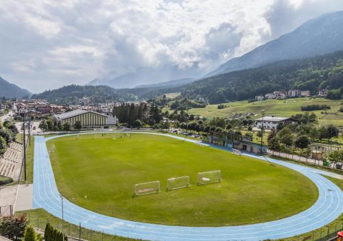 a large green field in a city with mountains at Garden Wellness Hotel S in Andalo