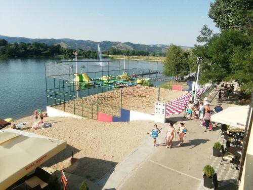 a group of people on a beach near the water at Venezia Apartman in Veliko Gradište