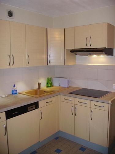 une cuisine avec des armoires blanches et un évier dans l'établissement Les Cyclamens, à Saint-Jean-de-Maurienne