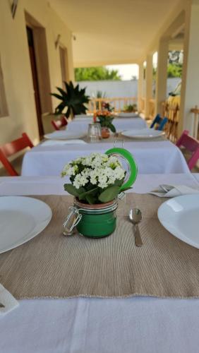 een tafel met witte bloemen in een groene pot erop bij Villa Vittoria in Mesagne