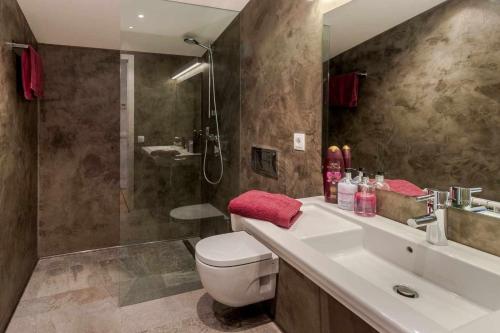 a bathroom with a toilet and a sink and a shower at La Solfa casa aislada con piscina y jardín in Les Preses