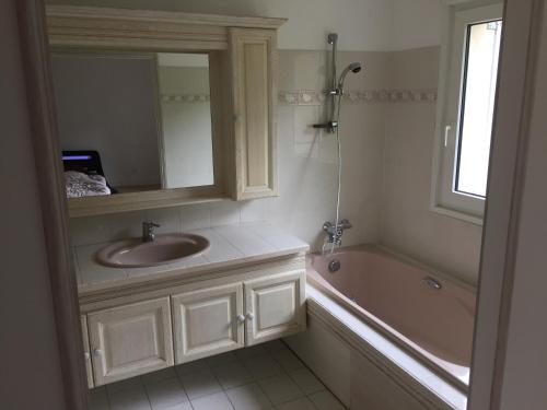 La salle de bains est pourvue d'un lavabo et d'une baignoire. dans l'établissement Maison calme avec grand jardin en Sologne, à Chaumont-sur-Tharonne