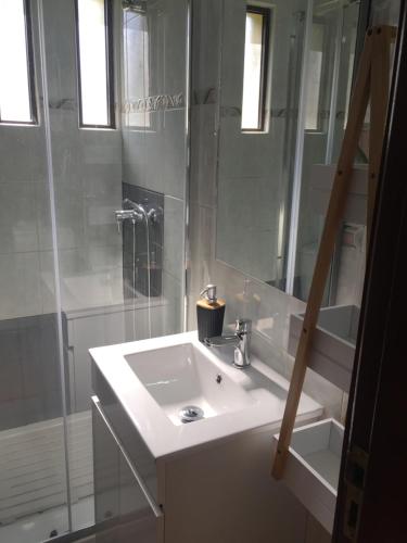 a bathroom with a sink and a shower and a mirror at Casa Seixas Batista in Pinhão