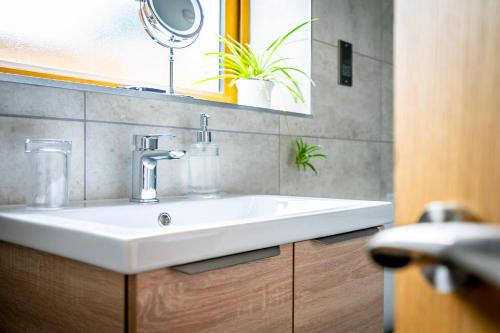 a bathroom with a white sink and a mirror at Brecks Farm - The Tractor Shed in York