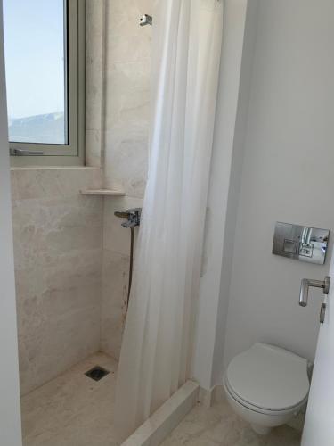 a bathroom with a toilet and a shower with a window at Caldera Blue in Alikí