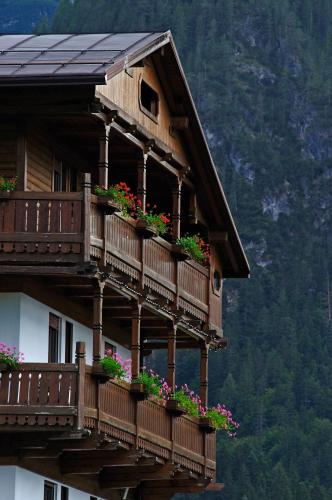 a building with flower boxes on the balconies of it at Monaco Sport Hotel in Santo Stefano di Cadore