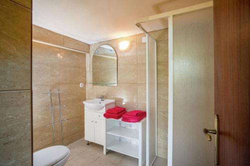 un bagno con lavandino, WC e specchio di cottage ad Abragão