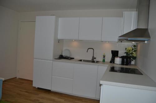 una cocina blanca con armarios blancos y fregadero en Totally independent apartment near NTNU,Lerkendal and Center, en Trondheim
