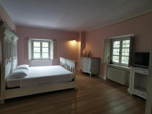 a bedroom with pink walls and a bed and a television at Tenuta San Giorgio in Serravalle Scrivia
