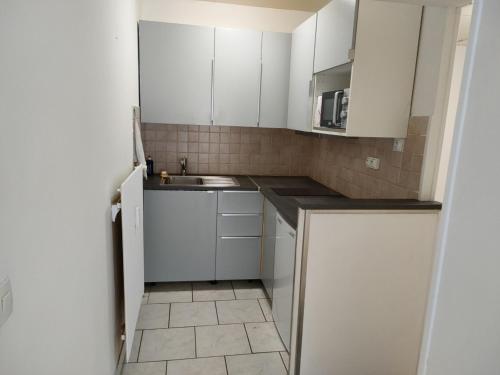 een kleine keuken met witte kasten en een spoelbak bij Studio Galy in Metz