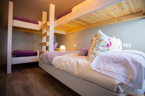 Un dormitorio con dos literas con almohadas moradas. en Flor de Iris, en Sierra Nevada
