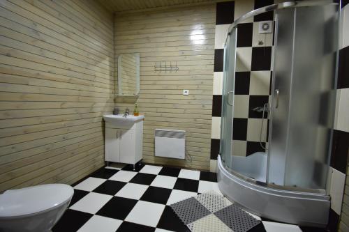a bathroom with a black and white checkered floor at Коттедж Злата in Svityazʼ